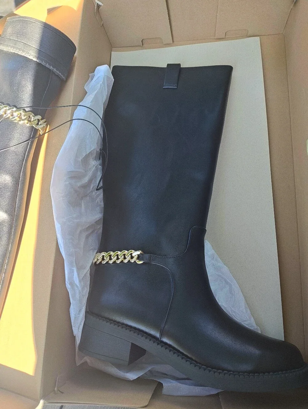 8.5 Black Knee-High Boots With Gold Chain Accent